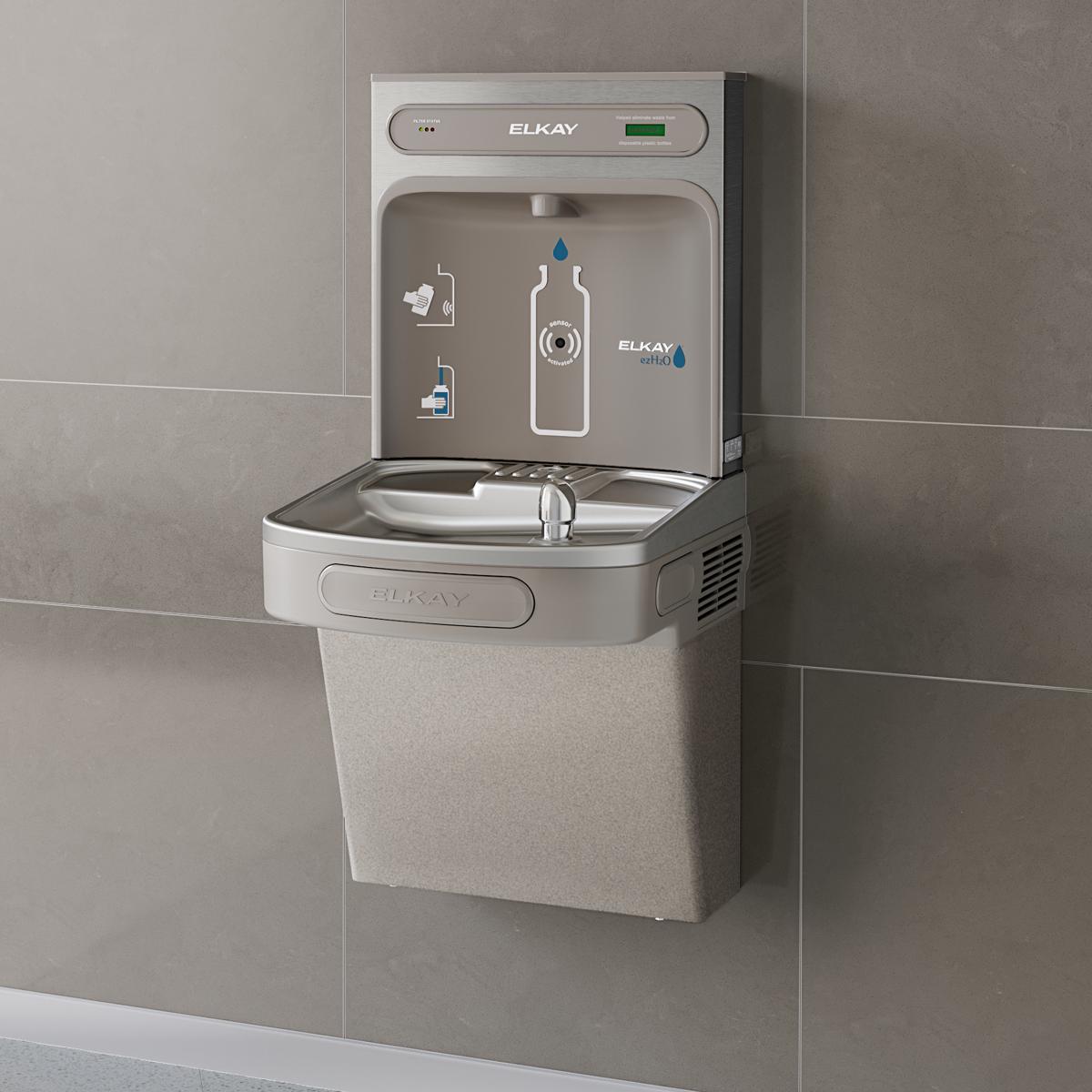 Light gray Elkay wall-mounted water bottle filling station with single cooler, stainless steel basin, and control panel.