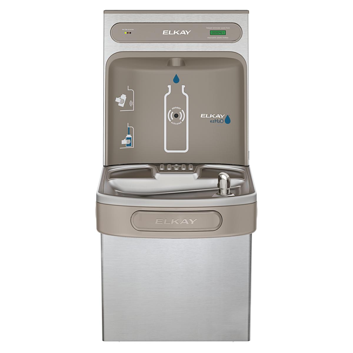 Stainless steel Elkay ezH2O bottle filling station with single faucet, digital display, and instruction icons on front panel.