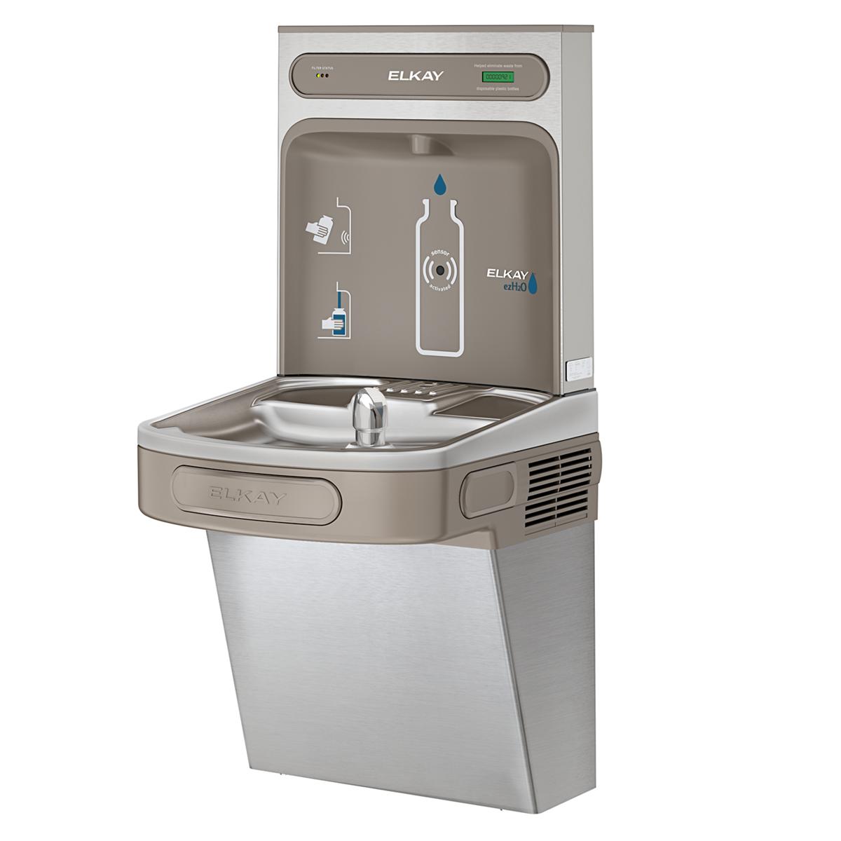 Stainless steel Elkay water bottle filling station with single basin, sensor-activated dispenser, and gray upper panel with b