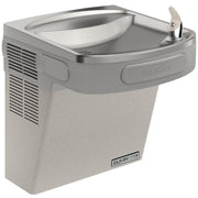 Wall-mounted light gray granite water cooler with curved stainless steel basin, foot pedal, and ventilation grilles on side.
