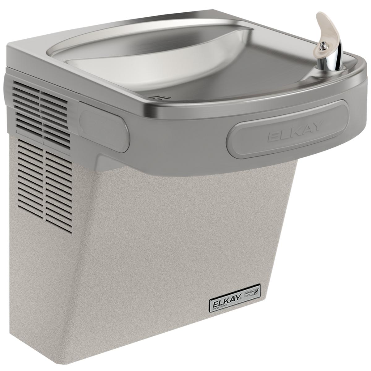 Wall-mounted light gray granite water cooler with curved stainless steel basin, foot pedal, and ventilation grilles on side.