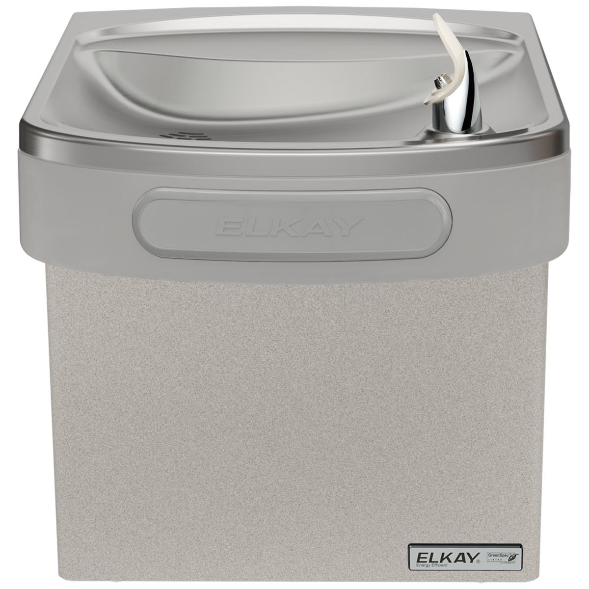 Wall-mounted light gray granite water cooler with curved basin, chrome spout, and Elkay branding.
