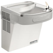 Stainless steel wall-mounted water cooler with curved basin, chrome faucet, and ventilation grilles on white body.