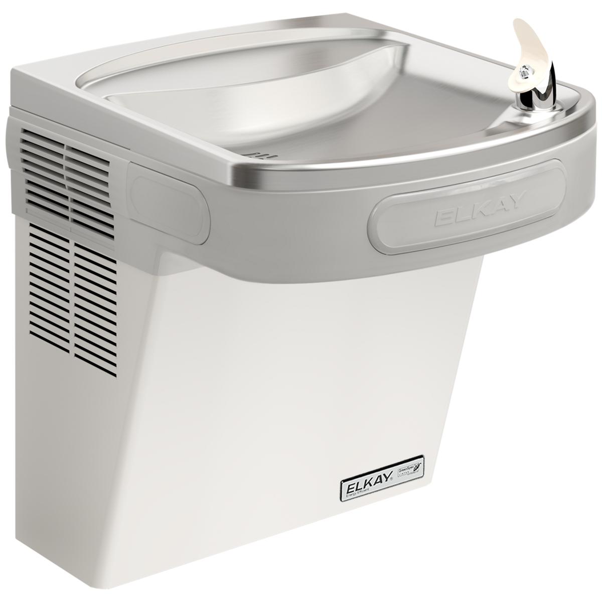 Stainless steel wall-mounted water cooler with curved basin, chrome faucet, and ventilation grilles on white body.