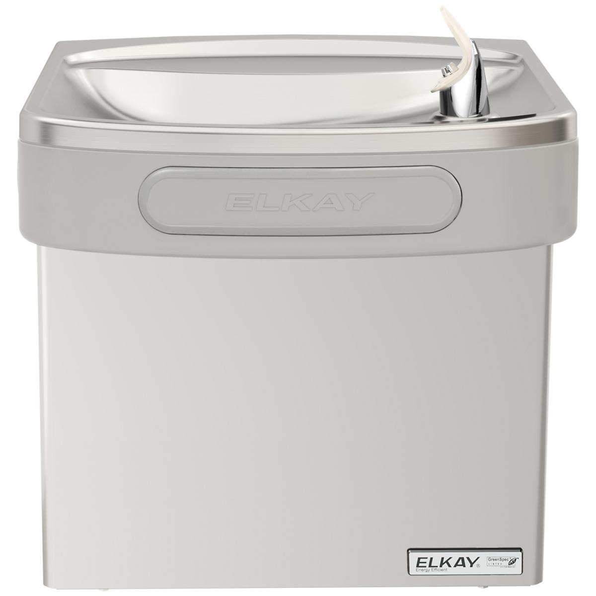 Stainless steel wall-mount water cooler with curved basin, chrome drinking fountain spout, and Elkay branding on front panel.