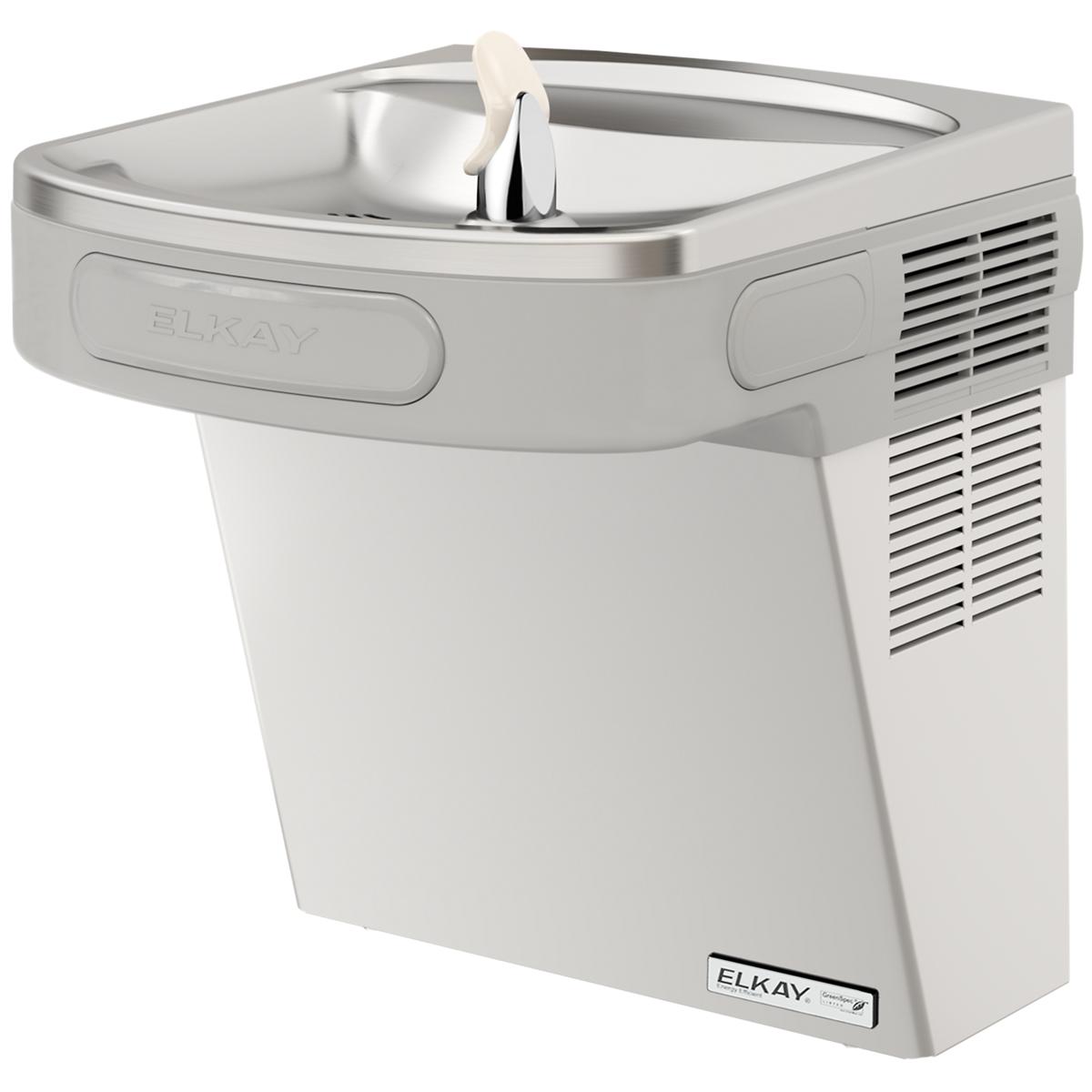 Stainless steel wall-mount water cooler with curved basin, refrigeration unit on right side, and drinking fountain spout.