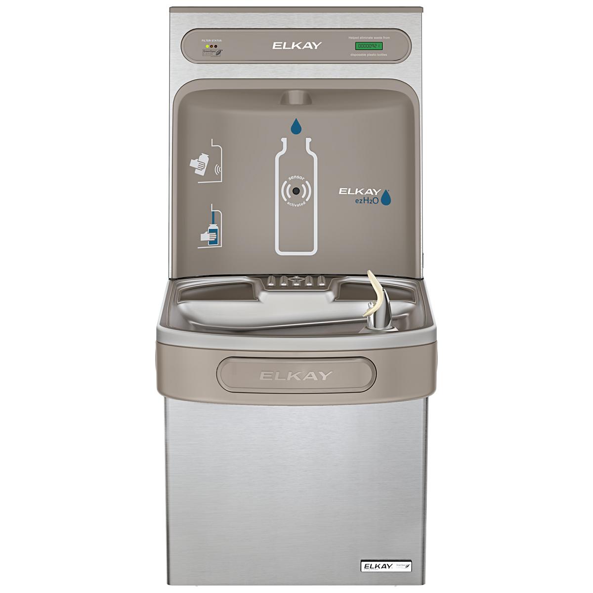 Stainless steel water cooler and bottle filling station with front-facing spout and digital display panel.
