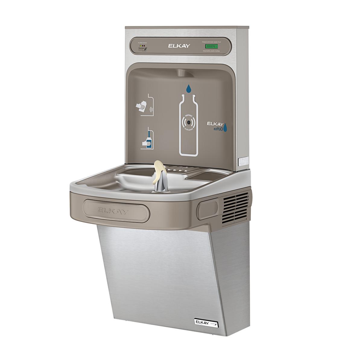 Elkay stainless steel bottle filling station and water cooler with single basin and refrigeration unit.