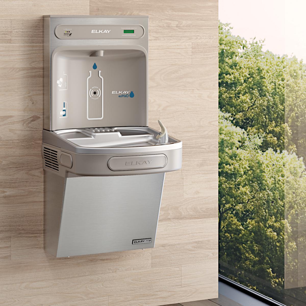 Stainless steel wall-mounted water cooler and bottle filling station with single basin and filtered refrigeration system.