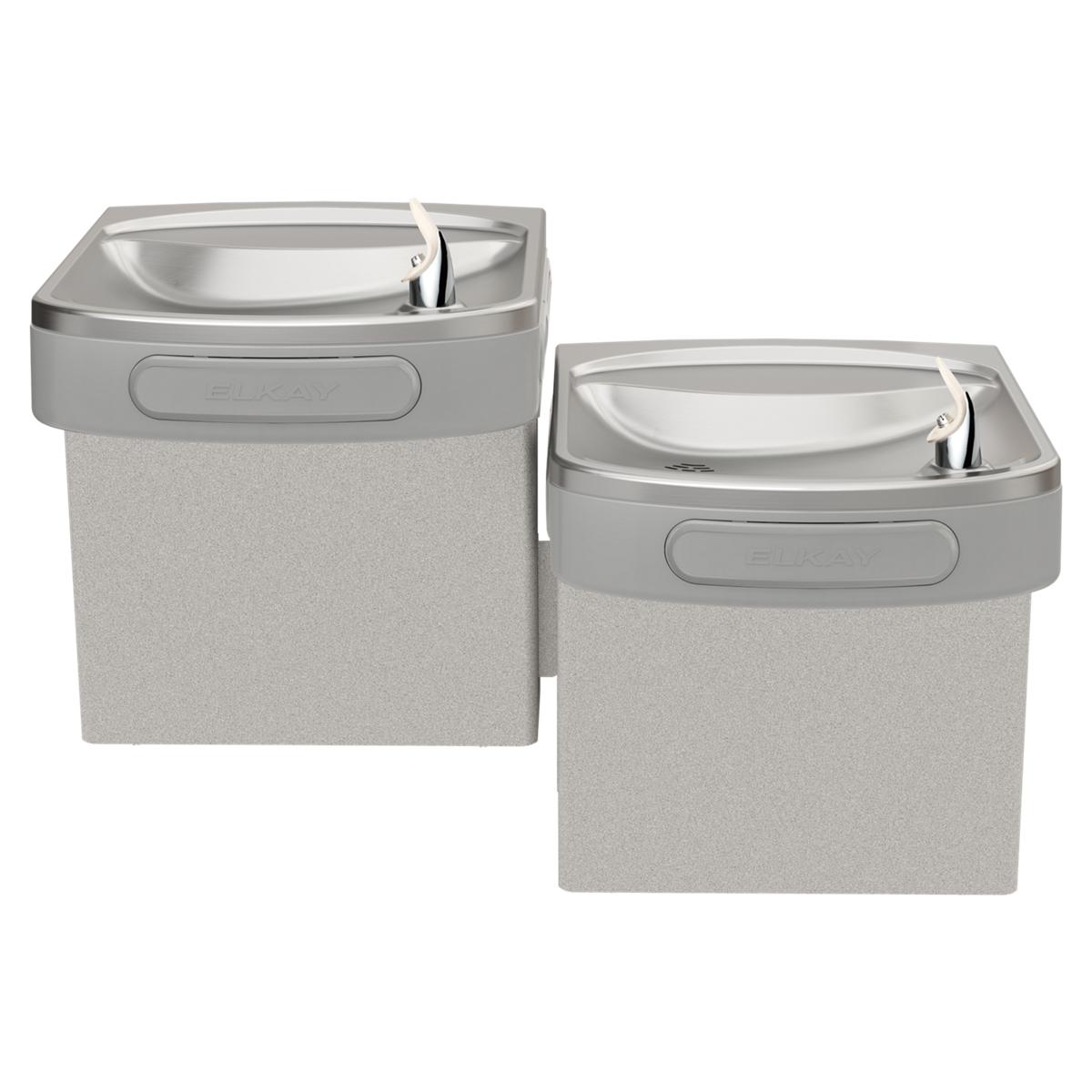 Wall-mounted water cooler with two basins at different heights, light gray granite finish, and stainless steel drinking fount