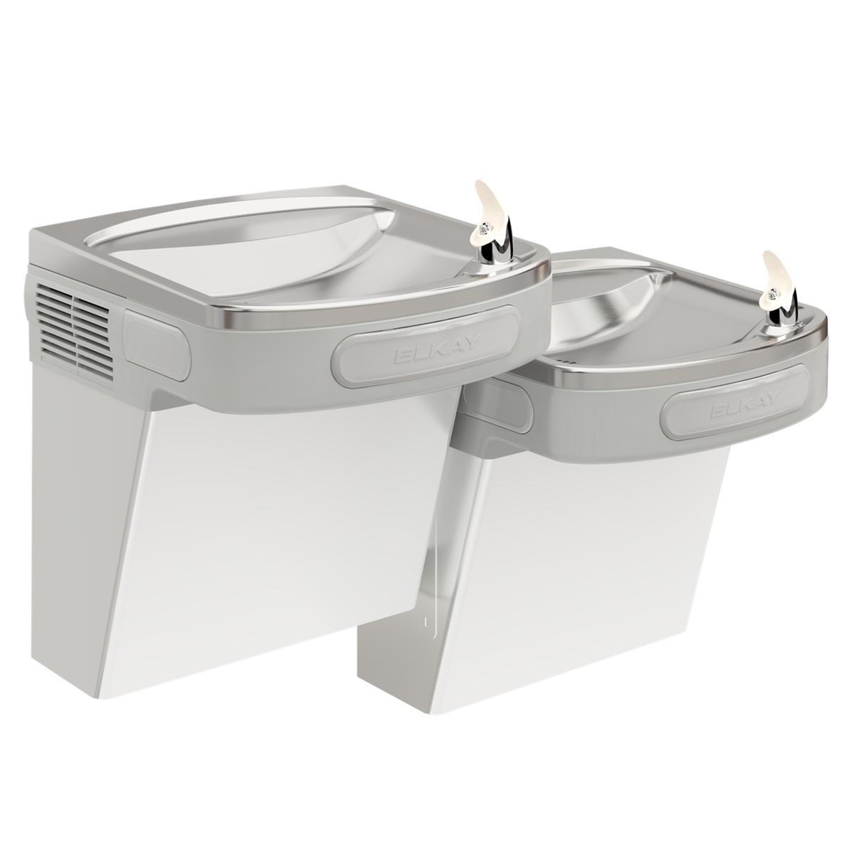 Stainless steel wall-mounted bi-level water cooler with two curved drinking fountains at different heights and mechanical con
