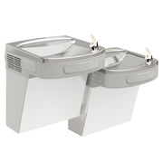 Stainless steel wall-mounted bi-level water cooler with two curved drinking fountains at different heights and mechanical con