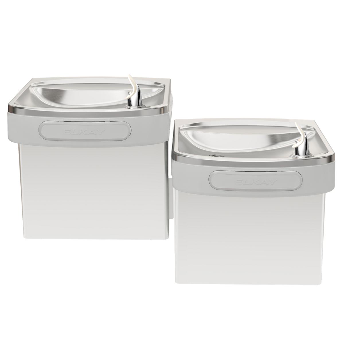 Stainless steel wall-mounted water cooler with two drinking fountains at different heights for accessibility.