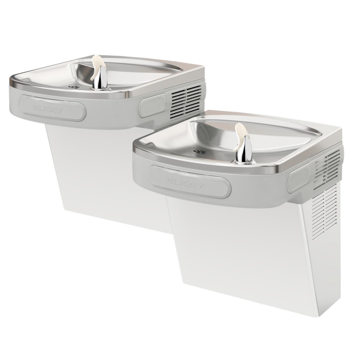 Stainless steel wall-mounted bi-level water cooler with two drinking fountains at different heights and side-mounted cooling 