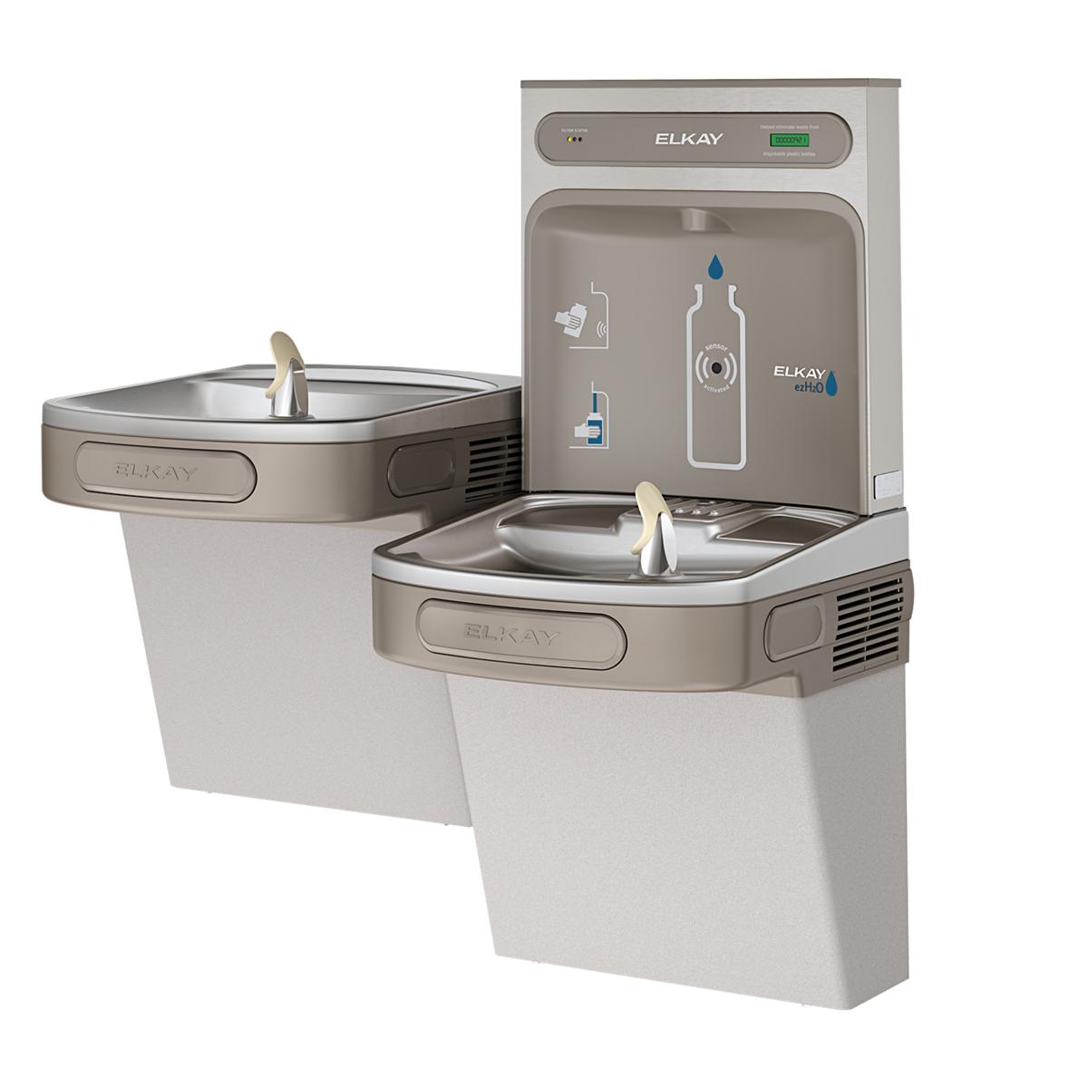 Light gray Elkay bi-level water cooler and bottle filling station with dual drinking fountains and filtered water dispenser.