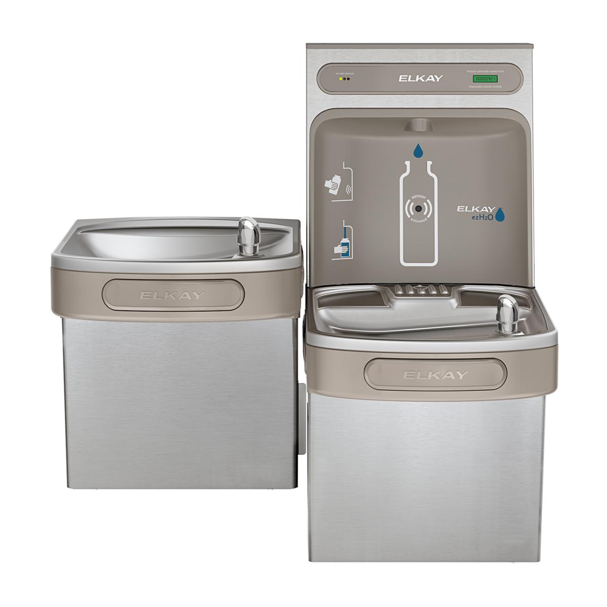 Elkay stainless steel bi-level water cooler and bottle filling station with dual drinking fountains and filtered refrigerated