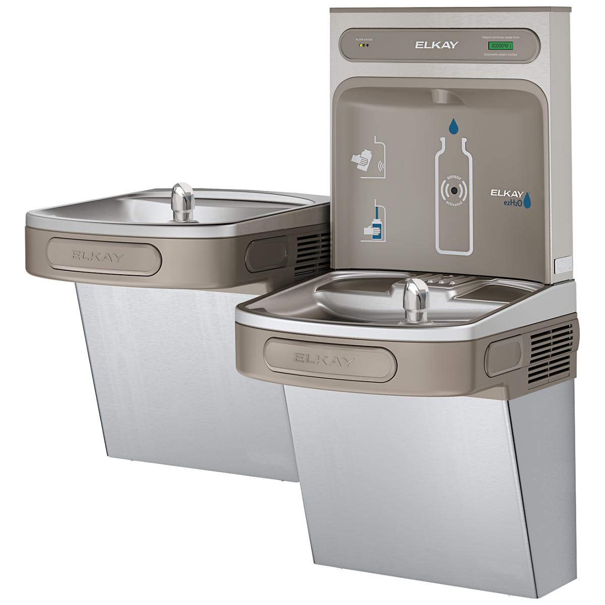 Elkay stainless steel bi-level water cooler with two drinking fountains and bottle filling station mounted on wall.