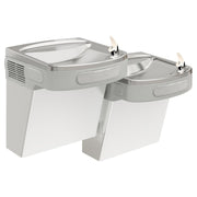 Stainless steel wall-mounted bi-level water cooler with two drinking fountains at different heights and filtered water dispen