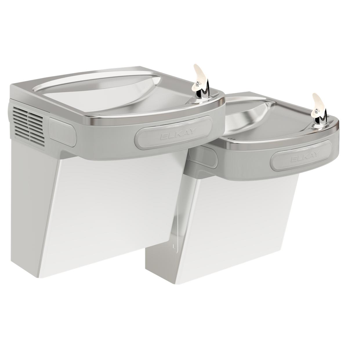Stainless steel wall-mounted bi-level water cooler with two drinking fountains at different heights and filtered water dispen