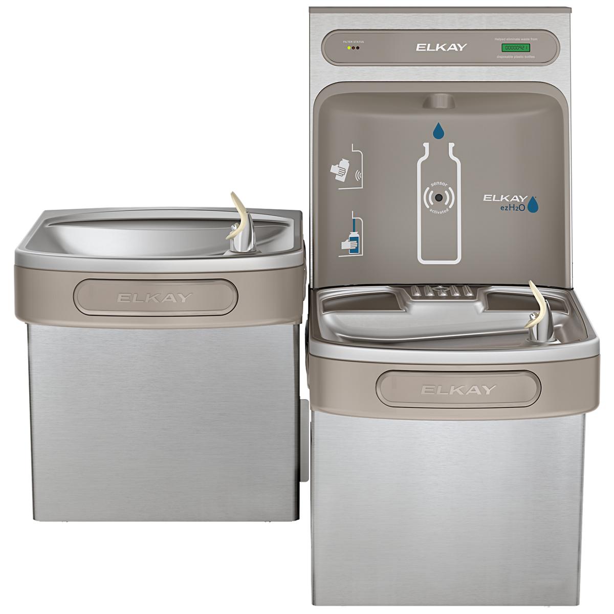 Stainless steel Elkay water cooler and bottle filling station with dual dispensing heights and filtered water system.