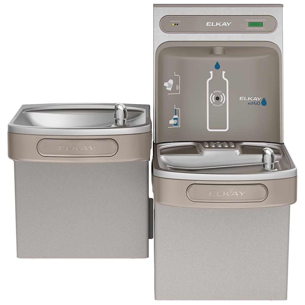 Light gray Elkay ezH2O bi-level water cooler with upper bottle filling station and lower drinking fountain with bottle-fill i
