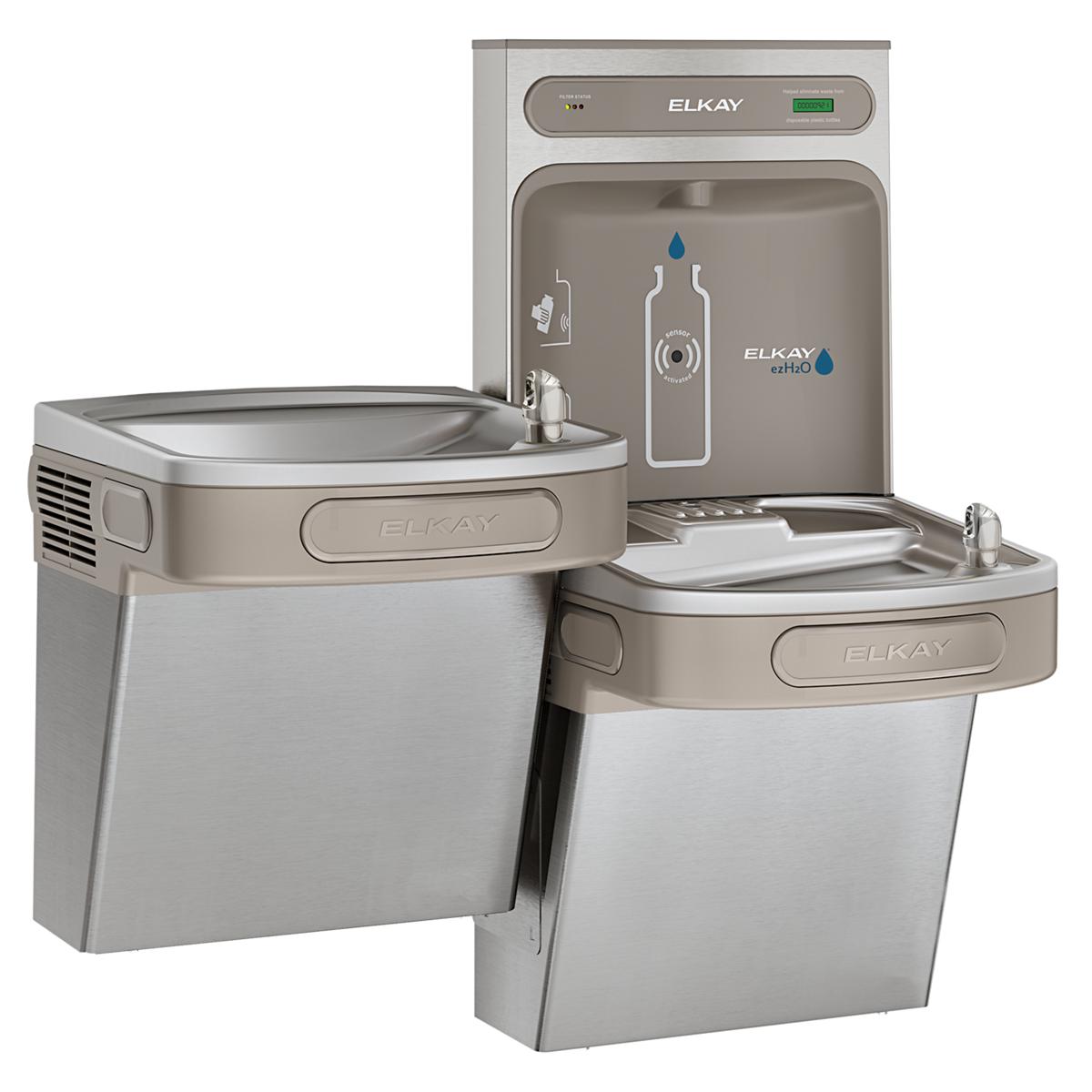 Elkay stainless steel water cooler with bi-level drinking fountains and bottle filling station mounted on wall behind.