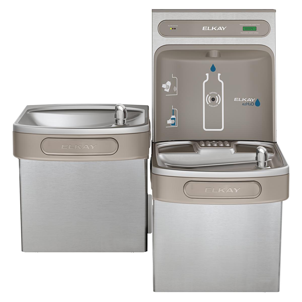 Elkay stainless steel water cooler with dual levels featuring bottle filling station on upper unit and drinking fountain on l