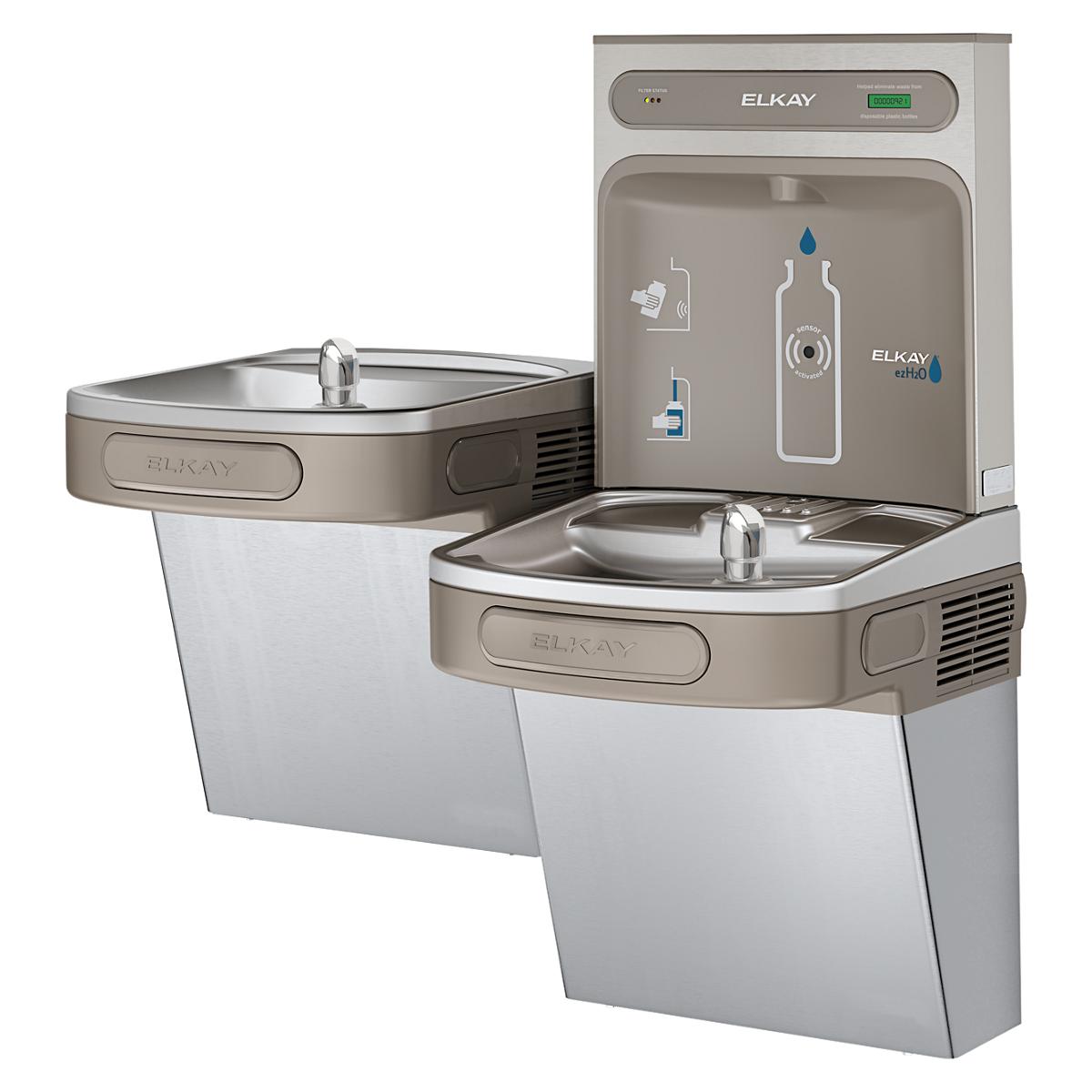 Elkay ezH2O stainless steel bi-level water cooler and bottle filling station with dual drinking fountains and filtered water 