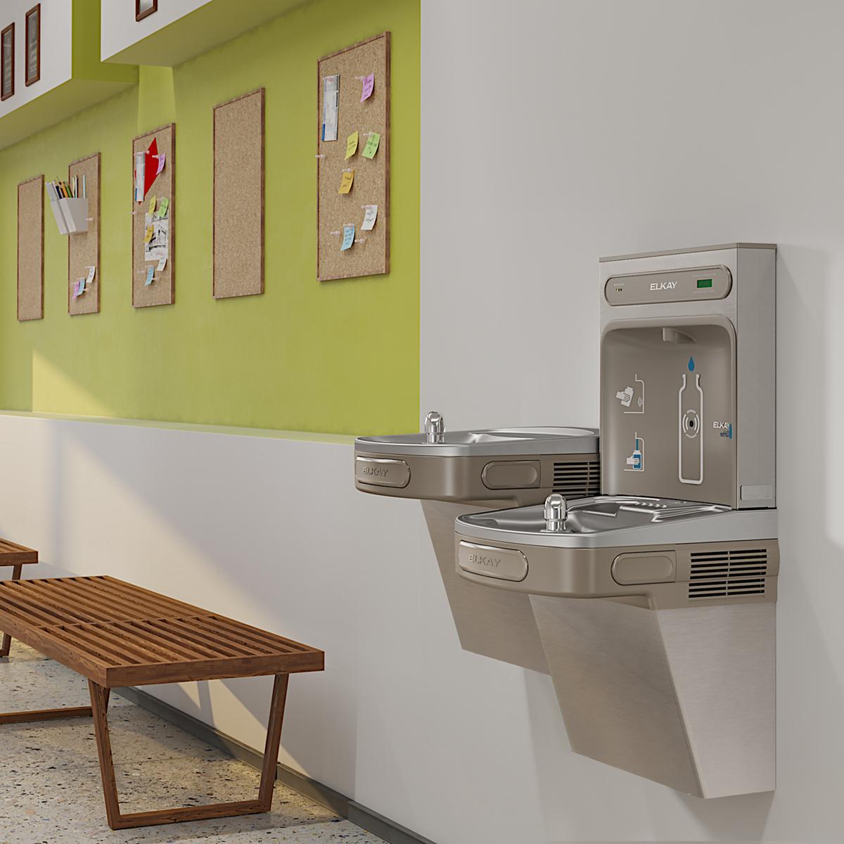 Stainless steel wall-mounted water cooler with two filling stations at different heights and bottle filling dispenser mounted