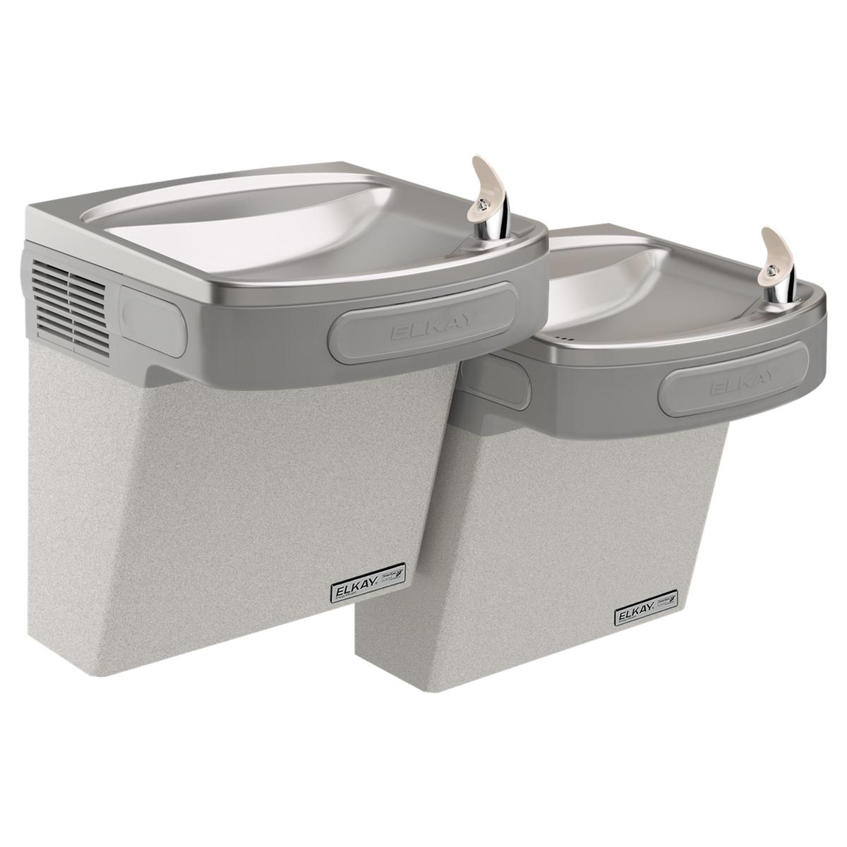 Wall-mounted bi-level water cooler with two drinking fountains, stainless steel basins, and light gray granite finish.