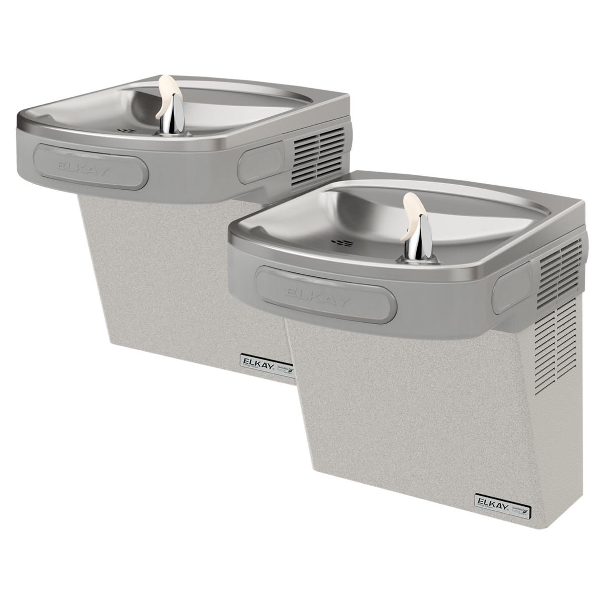 Wall-mounted bi-level water cooler with two drinking fountains at different heights, light gray granite finish, and stainless