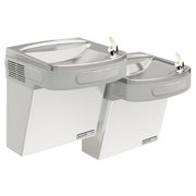 Stainless steel wall-mounted bi-level water cooler with two drinking fountains and filtered refrigerated water dispensers.