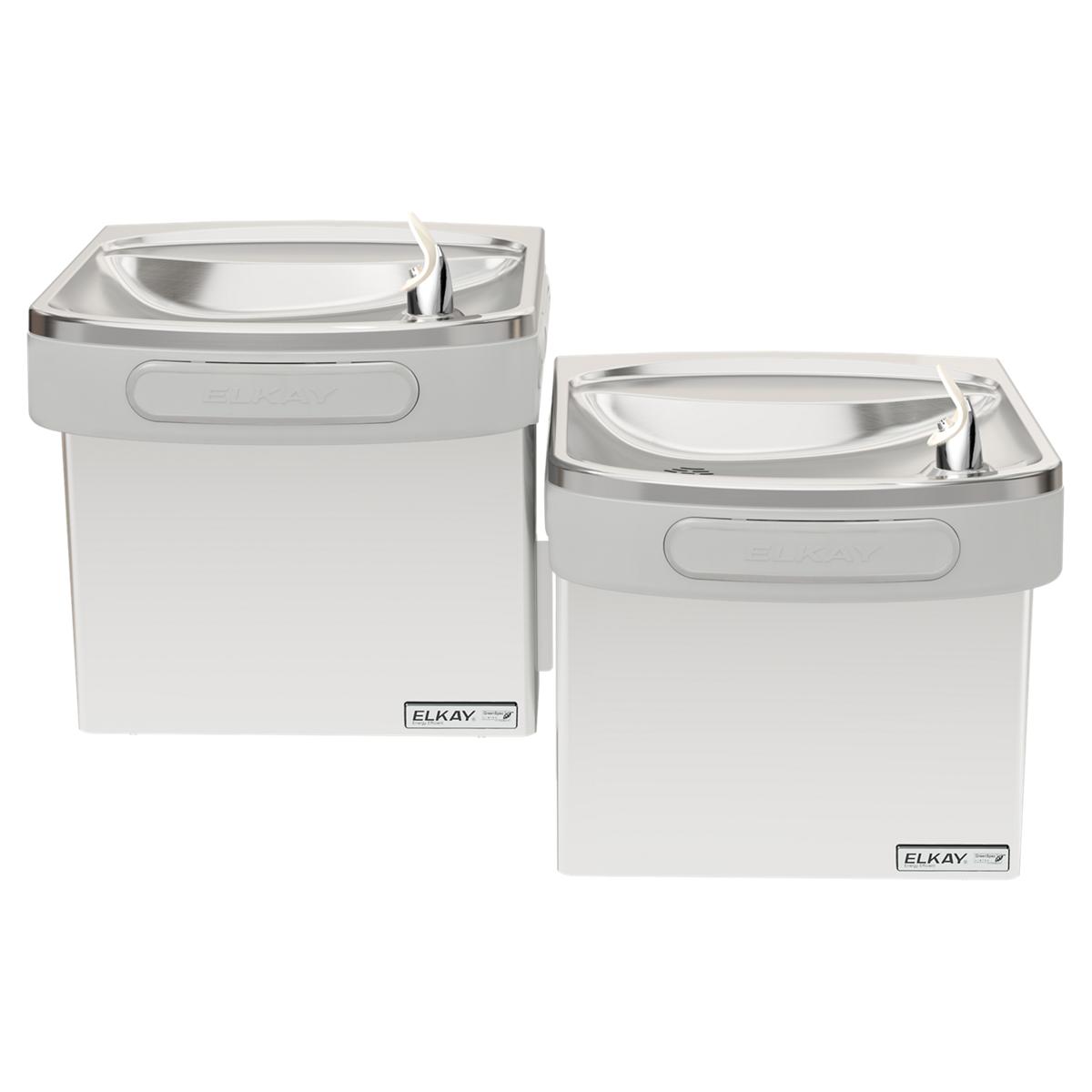 Two stainless steel wall-mounted water coolers with curved drinking fountains at different heights and Elkay branding.