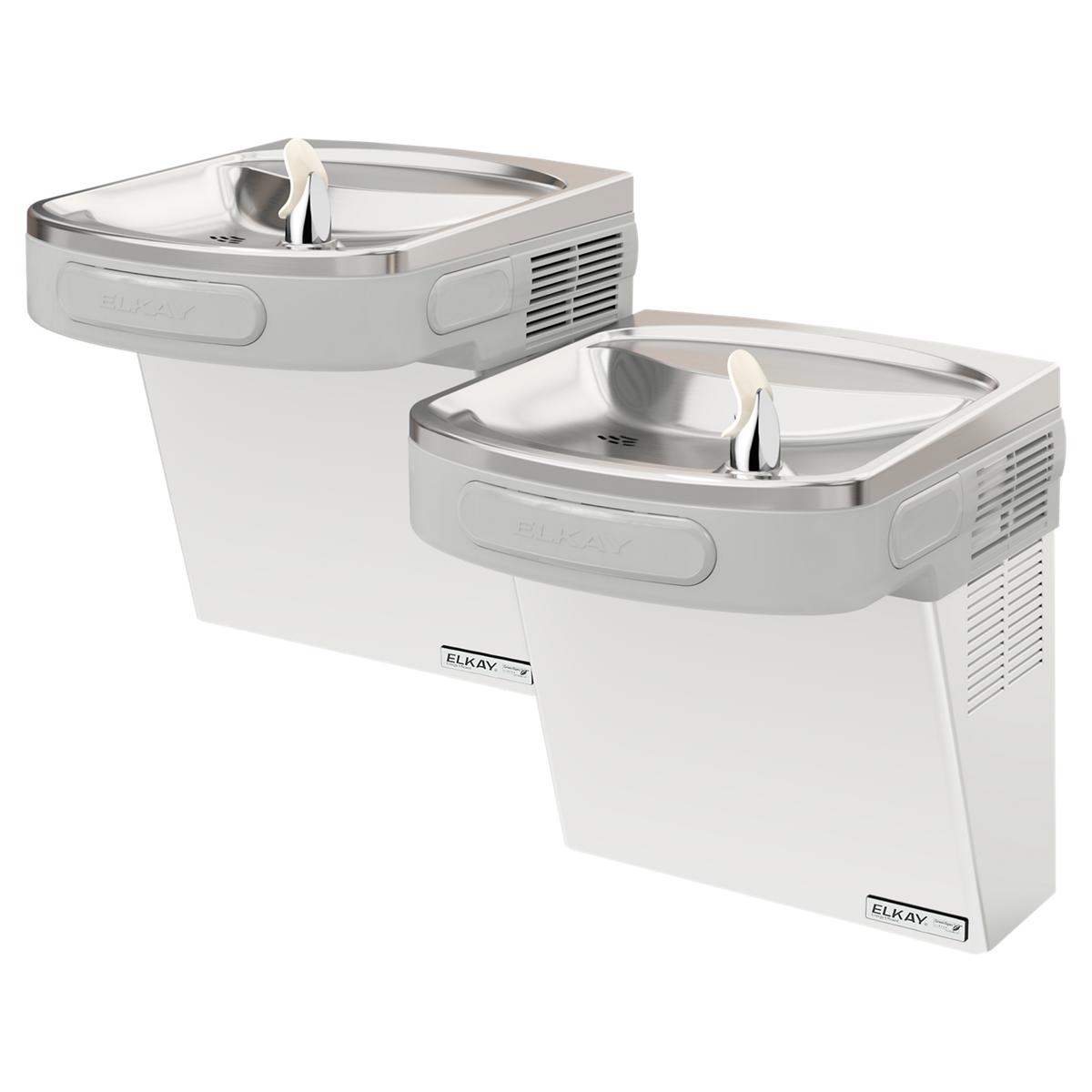 Stainless steel wall-mounted bi-level water cooler with two drinking fountains at different heights and refrigeration unit on
