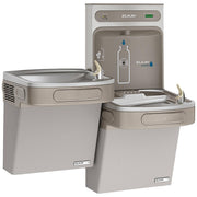 Light gray Elkay water cooler and bottle filling station with bi-level drinking fountains and filtered refrigerated water dis