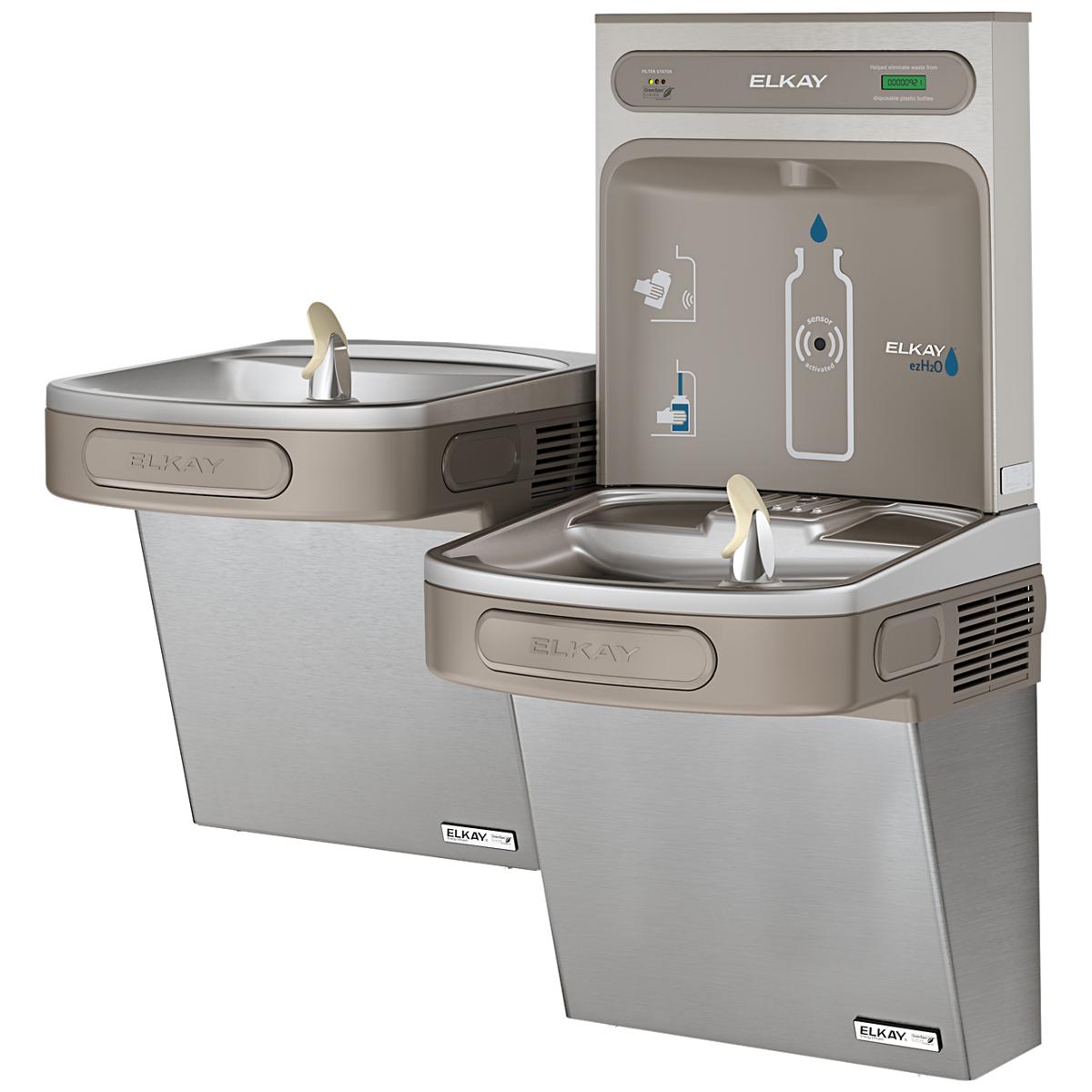 Elkay stainless steel bi-level water cooler and bottle filling station with two drinking fountains and filtered water dispens