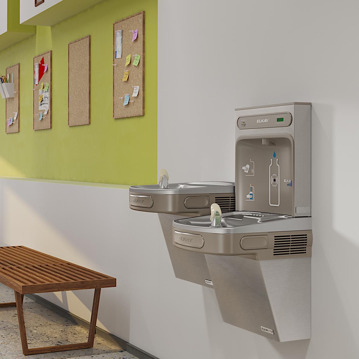 Stainless steel bi-level water cooler and bottle filling station mounted on wall with dual drinking fountains and refrigerate