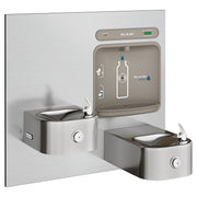 Stainless steel Elkay bottle filling station mounted on wall with dual low fountains, filtered water dispenser, and control p