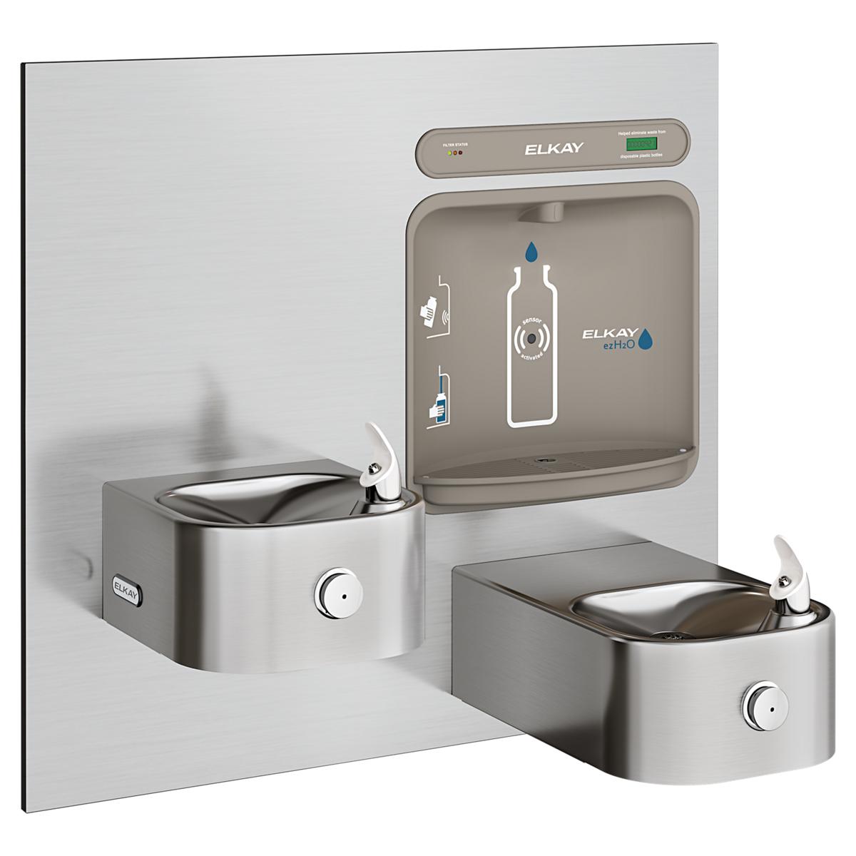 Stainless steel Elkay bottle filling station mounted on wall with dual low fountains, filtered water dispenser, and control p