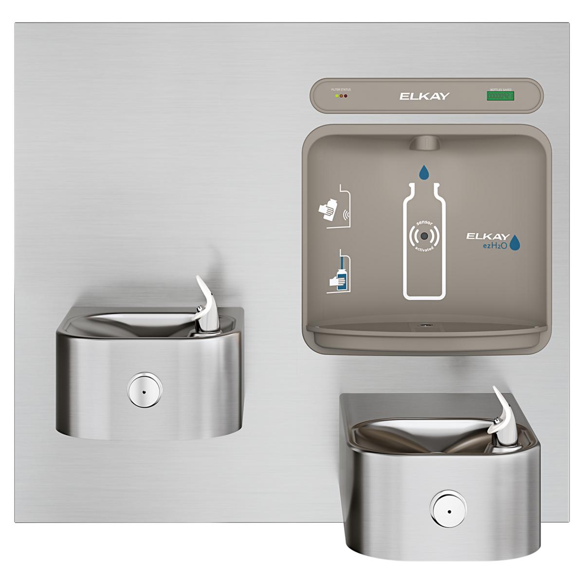 Stainless steel bottle filling station with integral soft-sided fountains on left and right, control panel on top with green 