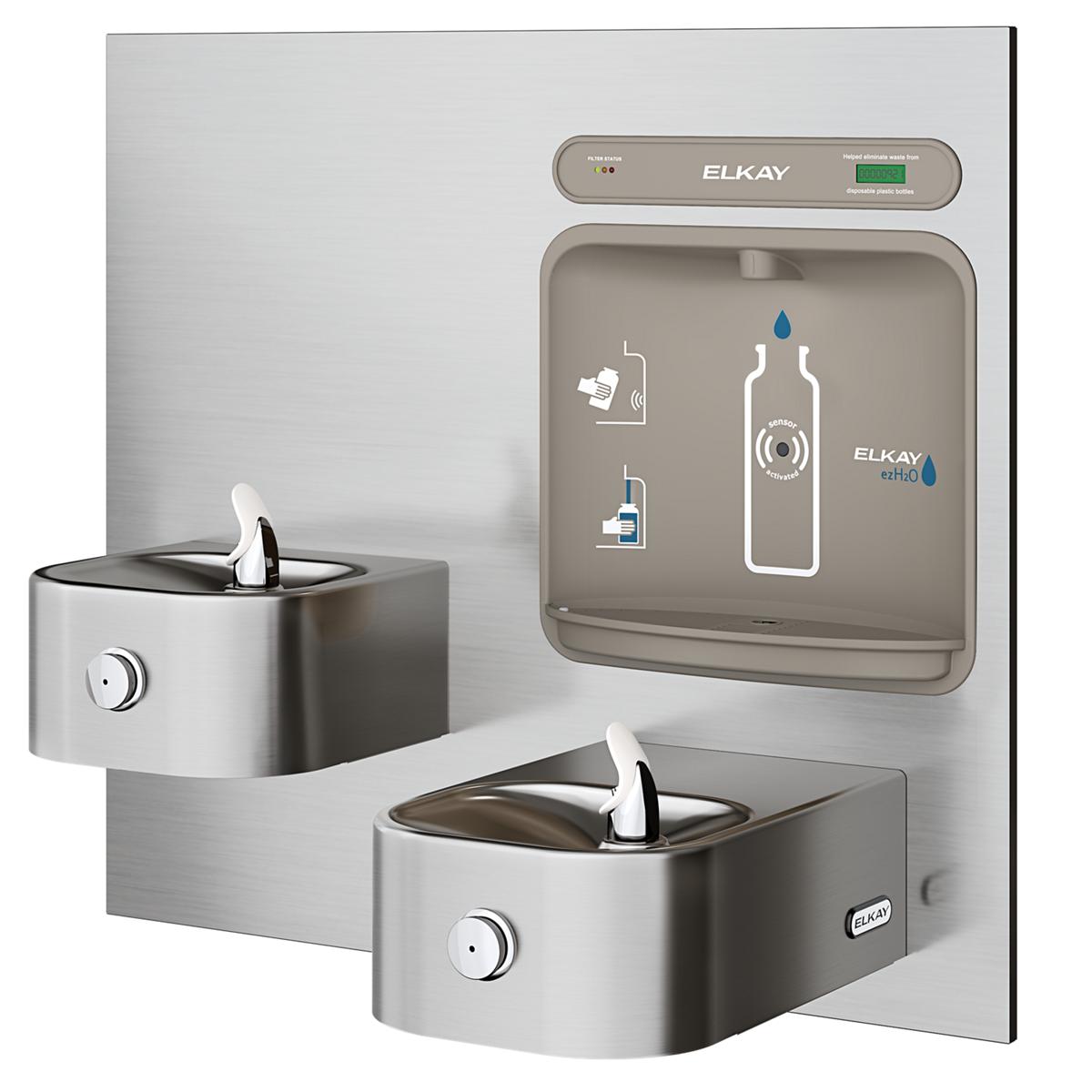 Stainless steel wall-mounted Elkay water filling station with dual drinking fountains and bottle fill spout, featuring contro
