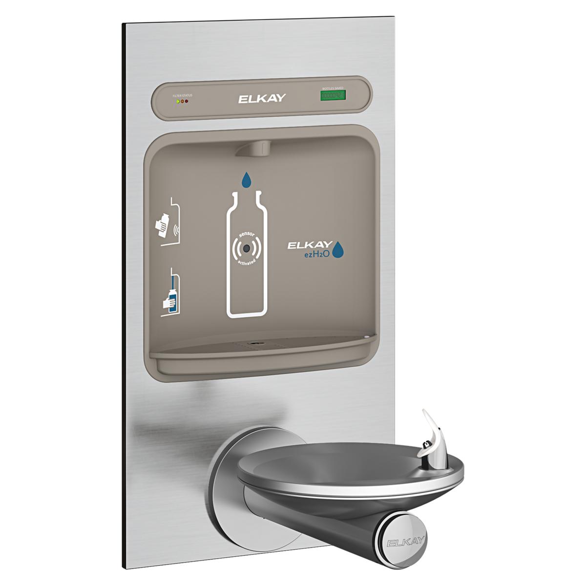 Stainless steel wall-mounted water bottle filling station with integral drinking fountain and filtered water dispensing syste