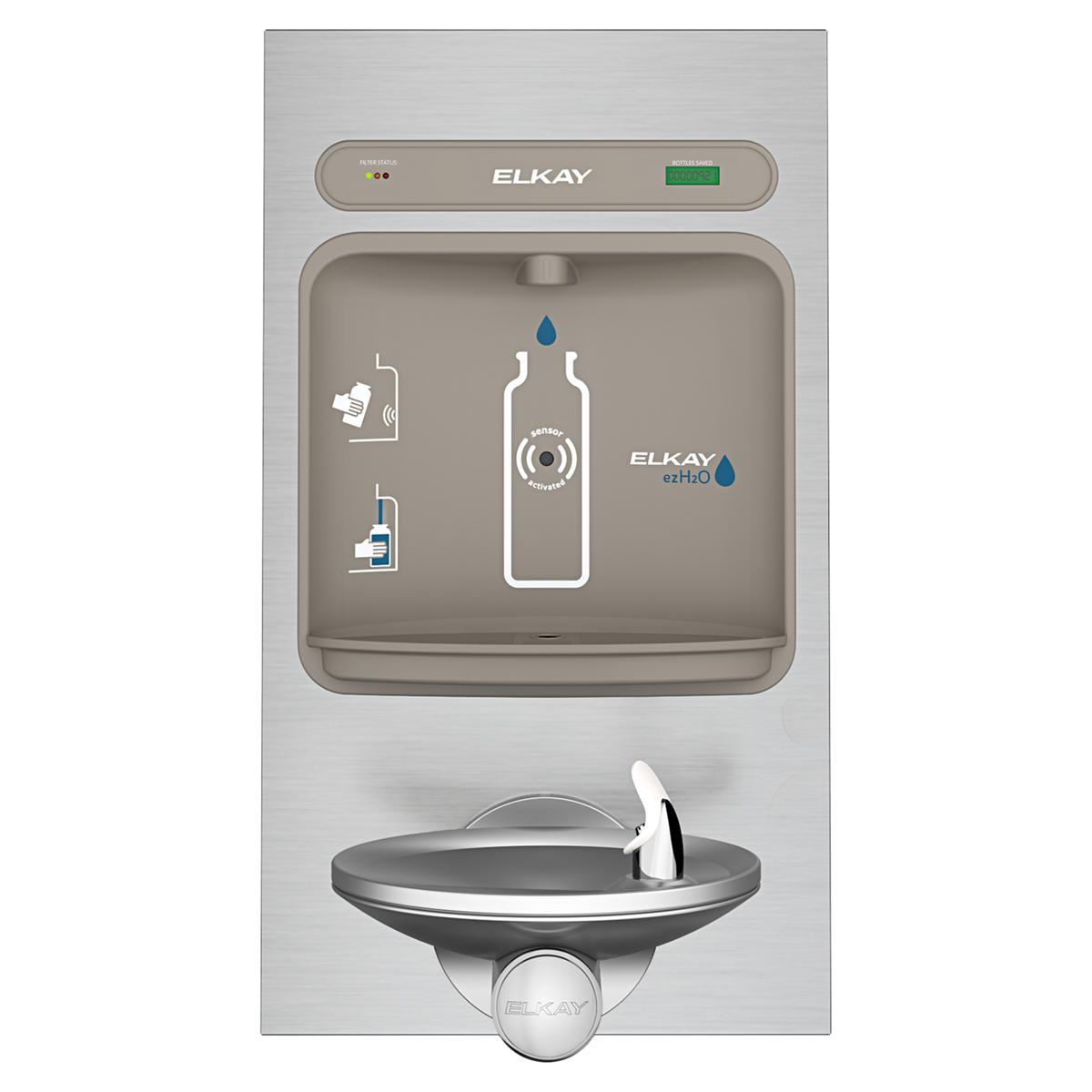 Elkay stainless steel bottle filling station with integrated fountain and filtered water dispensing, featuring control panel 