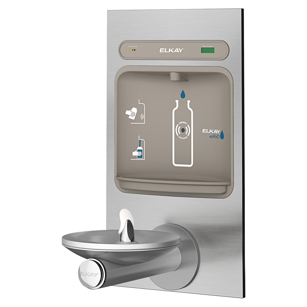 Stainless steel wall-mounted water bottle filling station with integral fountain and filtered dispensing spout.