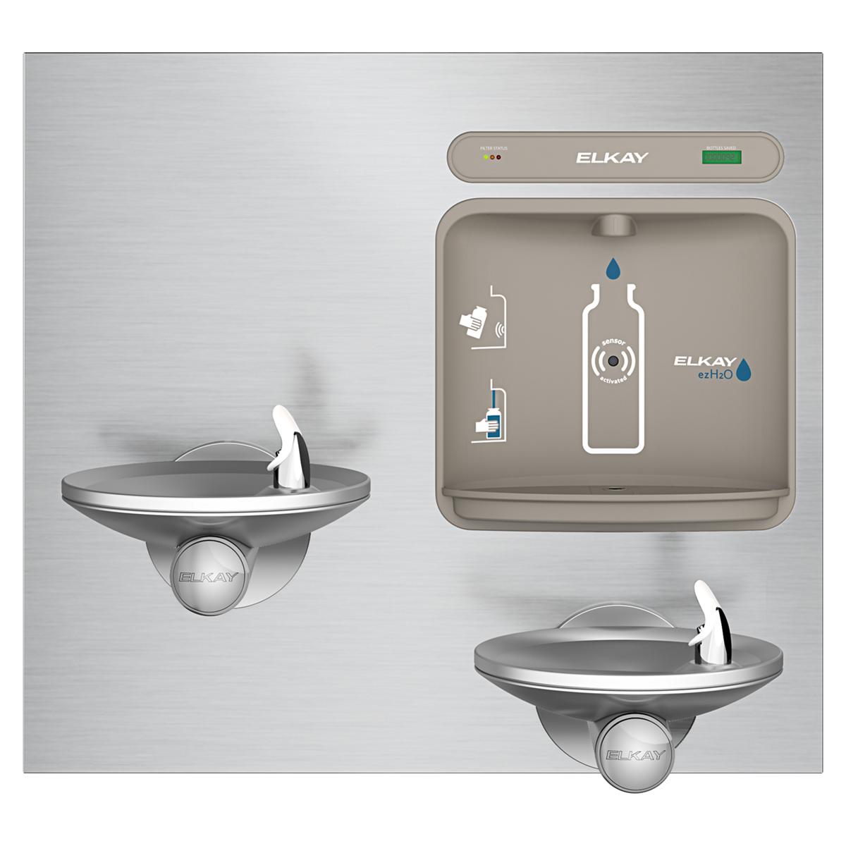 Stainless steel wall-mounted water filling station with dual drinking fountains at different heights and bottle fill opening 