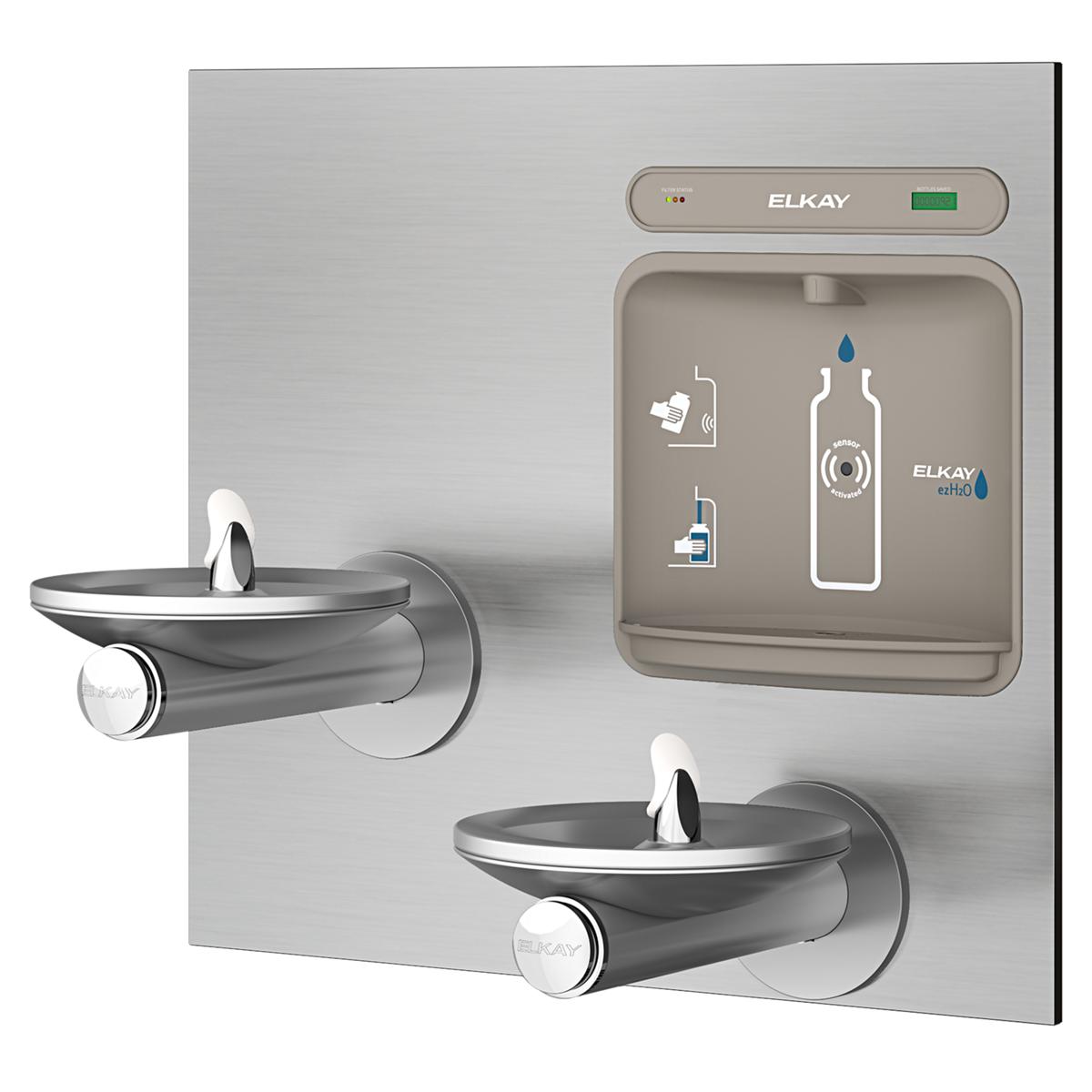 Stainless steel wall-mounted water station with two drinking fountains and upper bottle filling station with filter display.