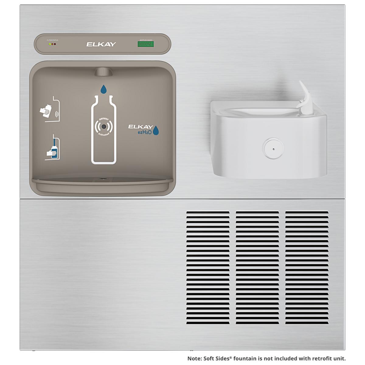 Stainless steel Elkay bottle filling station with digital display, bottle fill opening on left side, and refrigeration vents 
