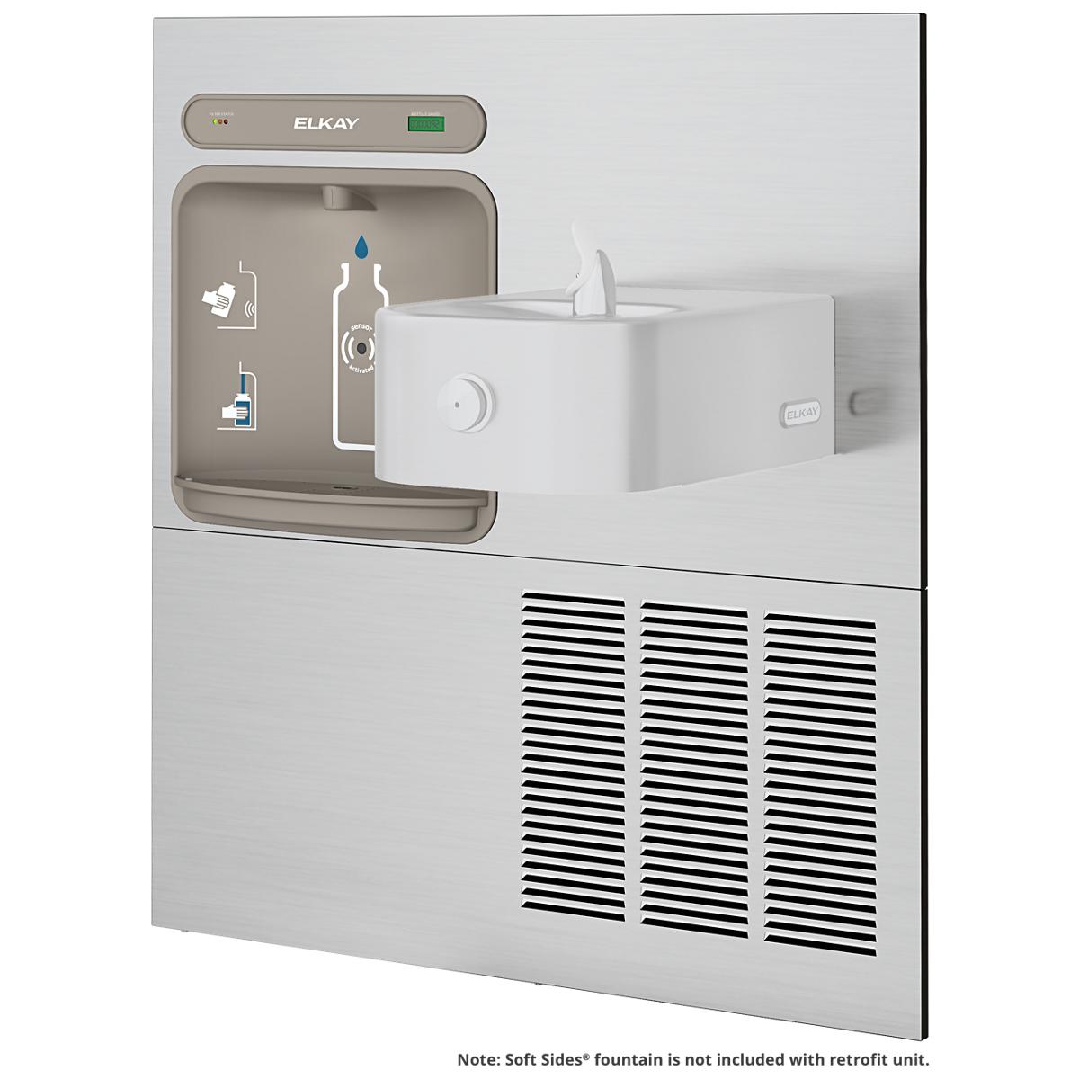 Elkay stainless steel bottle filling station with refrigerated filtered water dispenser and white retrofit attachment unit.
