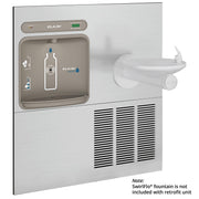 Elkay ezH2O stainless steel wall-mounted bottle filling station with refrigeration unit and curved drinking fountain spout.
