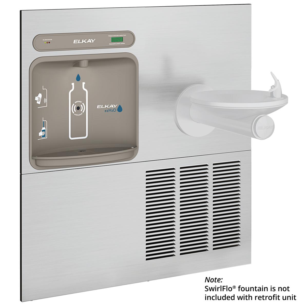 Elkay ezH2O stainless steel wall-mounted bottle filling station with refrigeration unit and curved drinking fountain spout.
